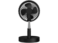 Charger l&#39;image dans la galerie, Ventilateur noir avec trois pales. Il est réglable. Il a une base ronde. Fond blanc.
