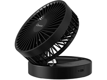 Charger l&#39;image dans la galerie, Ventilateur portable noir et rond. Le ventilateur est sur une base noire. Le ventilateur est incliné vers le haut.
