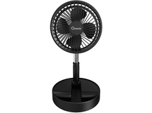 Charger l&#39;image dans la galerie, Ventilateur de bureau noir avec base ronde. Pales noires, support argenté.
