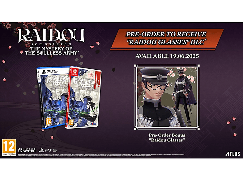 Visuel de la boîte de jeu pour Nintendo Switch et PlayStation 5 pour 'RAIDOU Remastered'. Il y a une offre pour des lunettes DLC.