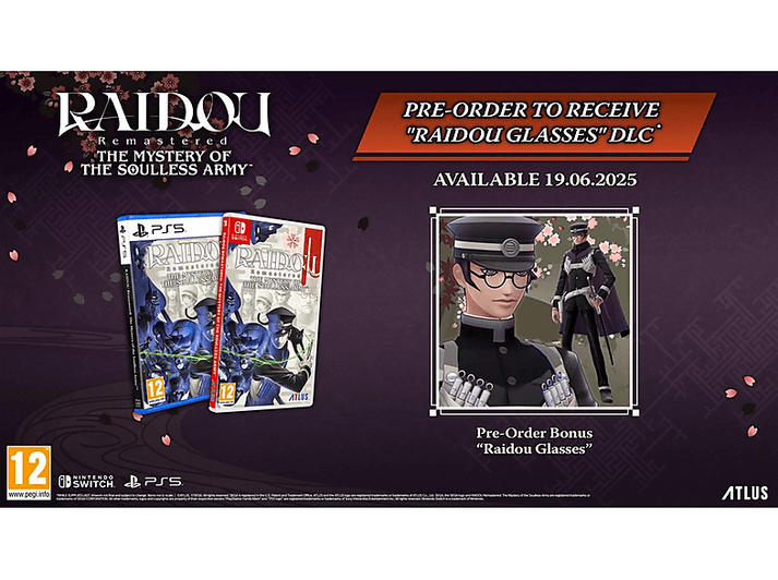 Visuel de la boîte de jeu pour Nintendo Switch et PlayStation 5 pour 'RAIDOU Remastered'. Il y a une offre pour des lunettes DLC.