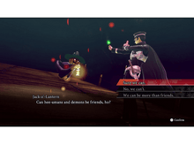Charger l&#39;image dans la galerie, Une scène de jeu montre un homme en uniforme avec une lanterne citrouille. Des options de dialogue sont affichées à l&#39;écran.

