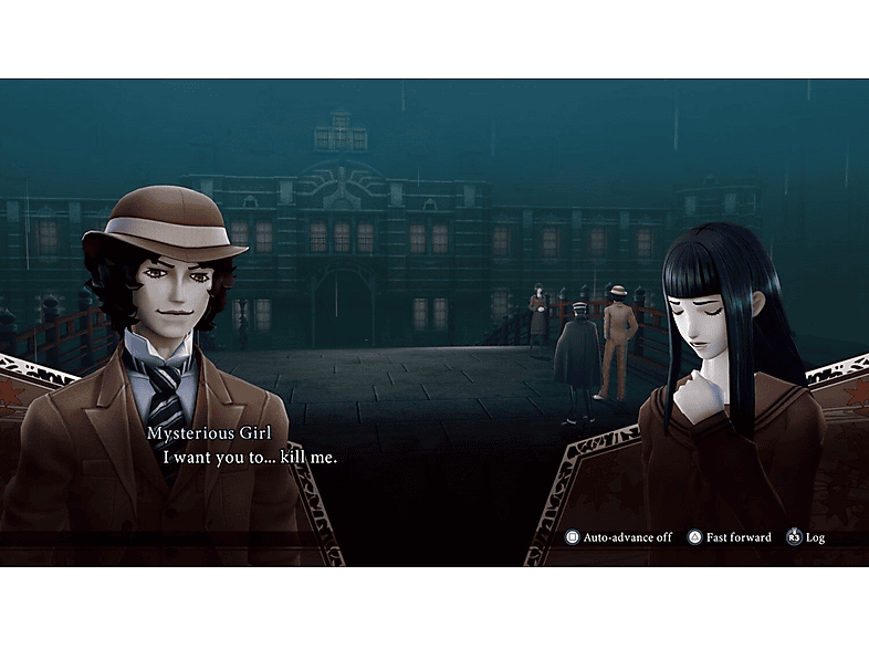 Une scène du jeu avec deux personnages dans une pièce, le dialogue est affiché à l'écran.