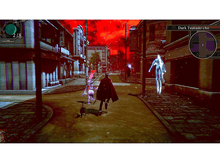 Charger l&#39;image dans la galerie, Un homme en manteau marche dans une rue avec un démon et un chat. Bâtiments bordent la route, ciel rouge.
