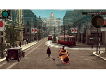 Charger l&#39;image dans la galerie, Une scène de rue avec un homme en manteau et un chat. Deux tramways et des bâtiments en arrière-plan. Drapeaux japonais.
