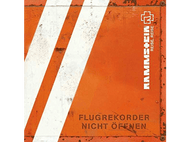 Une surface métallique orange avec des rayures blanches et du texte. Le texte est en allemand et dit 'Flugrekorder nicht öffnen'.