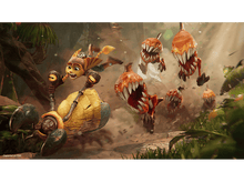 Charger l&#39;image dans la galerie, Ratchet sur un hovercraft, esquivant les monstres. Feuillage vert et fond flou.
