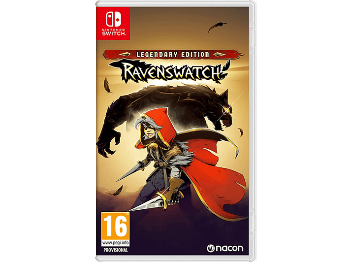 Boîtier de jeu Nintendo Switch : 'Ravenswatch : Legendary Edition'. Illustration : personnage à capuche avec épées, loup-garou.