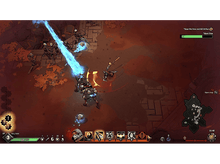 Charger l&#39;image dans la galerie, Prise de vue d&#39;action d&#39;un jeu. Un guerrier combat des squelettes, utilisant une attaque en forme de rayon bleu. Fond rouge.
