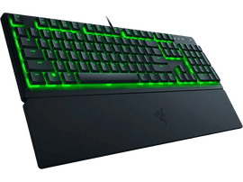Clavier Razer noir avec rétroéclairage vert. Repose-poignet inclus.