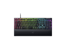 Charger l&#39;image dans la galerie, Clavier Razer noir avec touches illuminées multicolores sur fond noir. Possède un repose-poignets.
