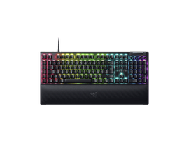 Clavier Razer noir avec touches illuminées multicolores sur fond noir. Possède un repose-poignets.