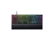 Clavier Razer noir avec touches illuminées multicolores sur fond noir. Possède un repose-poignets.