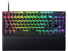 Charger l&#39;image dans la galerie, Clavier de jeu RGB avec repose-poignets, cadre noir et éclairage des touches arc-en-ciel.
