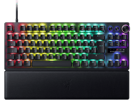 Clavier de jeu RGB avec repose-poignets, cadre noir et éclairage des touches arc-en-ciel.