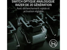Charger l&#39;image dans la galerie, Gros plan sur un interrupteur de clavier mécanique noir. Texte : RAZER GEN-2, SWITCH OPTIQUE ANALOGIQUE.
