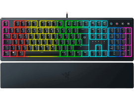 Un clavier Razer avec des touches multicolores. Il possède un repose-poignets et se trouve sur une surface noire.