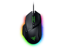 Charger l&#39;image dans la galerie, Souris de jeu noire avec lumières RVB autour de la base, fond noir.
