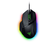 Souris de jeu noire avec lumières RVB autour de la base, fond noir.