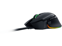 Charger l&#39;image dans la galerie, Souris de jeu noire avec un câble visible et des lumières vertes et orange.
