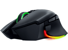 Charger l&#39;image dans la galerie, Une souris de jeu sans fil noire avec un éclairage RGB sur la molette et la base.
