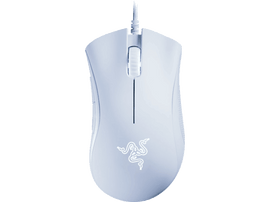 Souris gaming Razer blanche avec logo et molette éclairés.