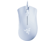 Souris gaming Razer blanche avec logo et molette éclairés.