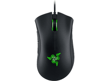 Charger l&#39;image dans la galerie, Souris gaming Razer noire avec logo et molette éclairés en vert, fond noir.
