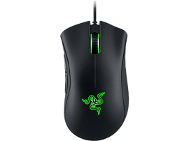 Souris gaming Razer noire avec logo et molette éclairés en vert, fond noir.