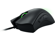 Charger l&#39;image dans la galerie, Souris gaming noire avec boutons latéraux, molette de défilement et lumière verte vive.
