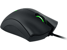 Charger l&#39;image dans la galerie, Souris gaming Razer noire avec molette de défilement illuminée en vert.
