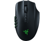 Souris de jeu noire avec boutons latéraux, molette et logo Razer.