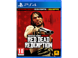 Jaquette du jeu Red Dead Redemption pour PS4. Comprend un homme tenant une arme à feu, fond rouge.