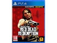 Jaquette du jeu Red Dead Redemption pour PS4. Comprend un homme tenant une arme à feu, fond rouge.