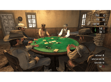 Charger l&#39;image dans la galerie, Scène de jeu de poker. Cinq hommes autour d&#39;une table ronde, jouant au poker. Jetons, cartes et table en feutre vert.
