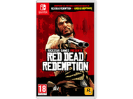Couverture de jeu avec un homme tenant une arme. Le titre est Red Dead Redemption, pour Nintendo Switch.