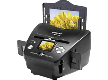 Charger l&#39;image dans la galerie, Scanner noir avec couvercle ouvert montrant une photo de tulipes jaunes. Le scanner a des boutons et un écran.
