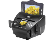 Scanner noir avec couvercle ouvert montrant une photo de tulipes jaunes. Le scanner a des boutons et un écran.