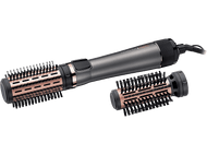 Fer à coiffer Remington Keratin Protect avec deux accessoires brosse, gris et or rose. Fond noir.