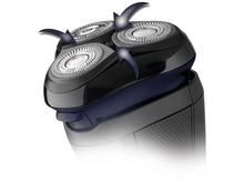 Charger l&#39;image dans la galerie, Gros plan sur une tête de rasoir électrique noire avec trois lames rotatives et des flèches.
