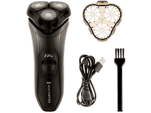 Charger l&#39;image dans la galerie, Rasoir électrique noir, tête, câble de charge et brosse de nettoyage sur fond blanc.
