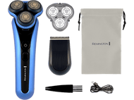 Rasoir bleu à trois têtes, pièces et étui. Câble USB et brosse inclus, sur fond noir.