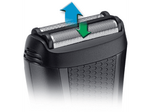Charger l&#39;image dans la galerie, Une tête de rasoir électrique noire avec des flèches indiquant la direction du mouvement des lames.

