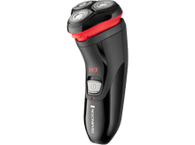 Charger l&#39;image dans la galerie, Rasoir électrique noir et rouge avec trois têtes rotatives et un bouton d&#39;alimentation.
