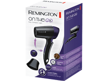 Charger l&#39;image dans la galerie, Sèche-cheveux Remington On The Go, noir et violet, avec accessoires et détails du produit sur une boîte.
