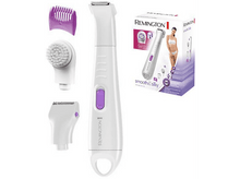 Charger l&#39;image dans la galerie, Set épilateur Remington Smooth &amp; Silky. Blanc et violet. Plusieurs accessoires. Fond blanc. Emballage.
