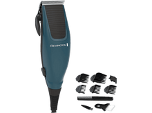 Charger l&#39;image dans la galerie, Une tondeuse à cheveux Remington bleue et noire avec des accessoires pour différentes longueurs.
