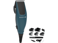 Une tondeuse à cheveux Remington bleue et noire avec des accessoires pour différentes longueurs.