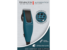 Charger l&#39;image dans la galerie, Kit de tondeuse à cheveux Remington Apprentice, turquoise et blanc, avec accessoires et texte.
