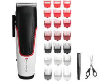 Charger l&#39;image dans la galerie, Tondeuse à cheveux avec accessoires, peigne et ciseaux. Tondeuse noire et blanche avec des accents rouges et accessoires.
